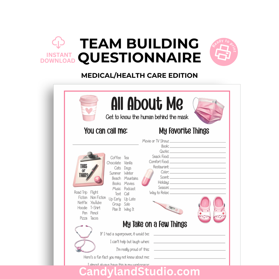a pink poster with the words team building questionnaire
