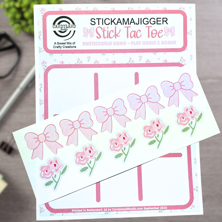 Pink Bows & Floral Reusable Tic Tac Toe Sticker Game