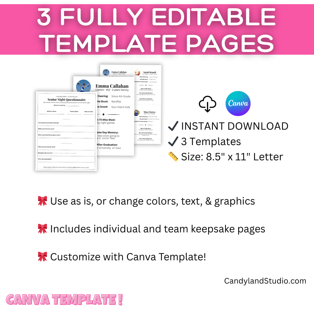 Cheerleading Senior Night Printable Kit | Keepsake Card, Squad Sheet &amp; Questionnaire Template for Canva