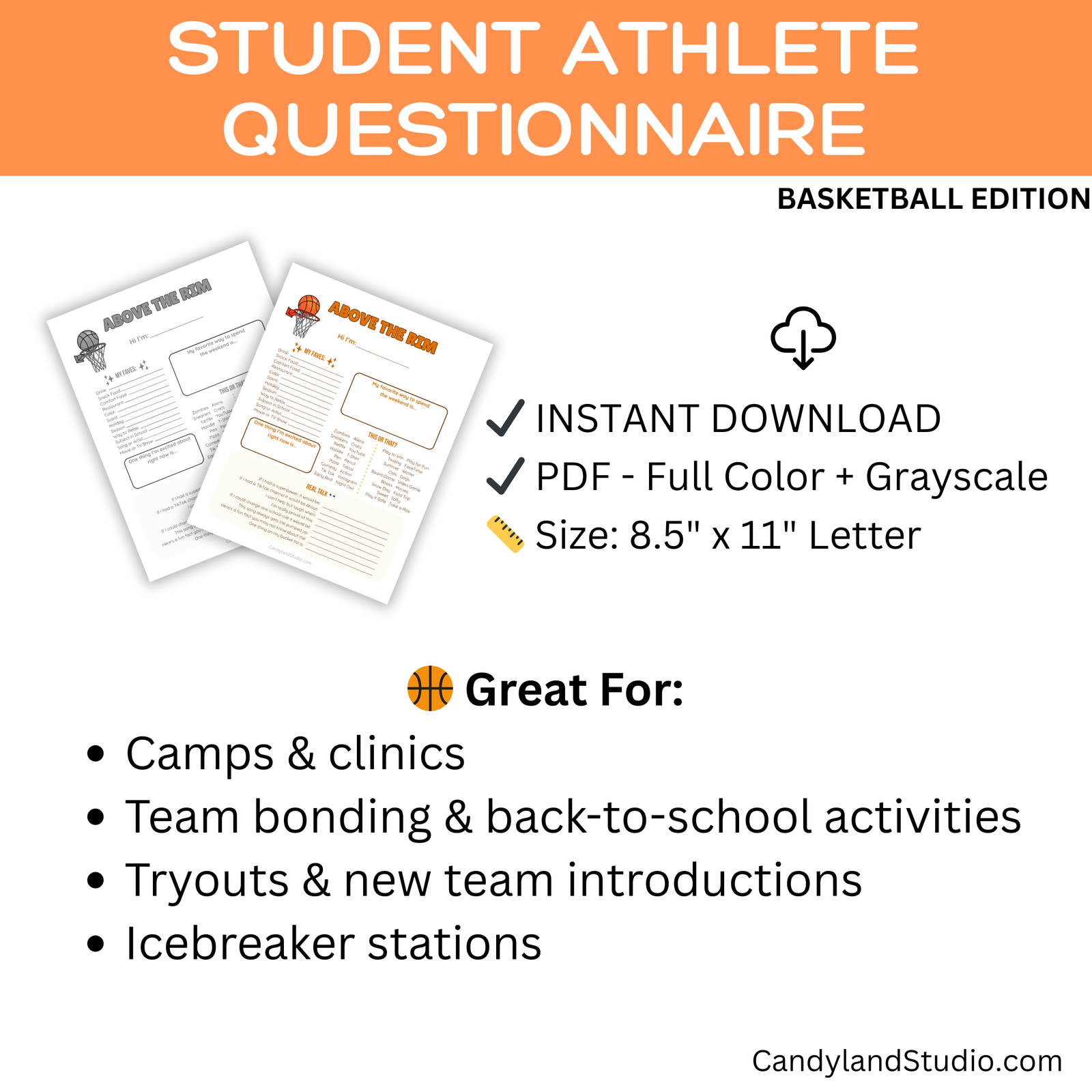 The image is a promotional poster for a basketball-related survey or questionnaire for student athletes. It features two printed questionnaires, one of which is a basketball-themed version, and includes a list of benefits for using the survey, such as camps and clinics, team bonding, and icebreaker stations.