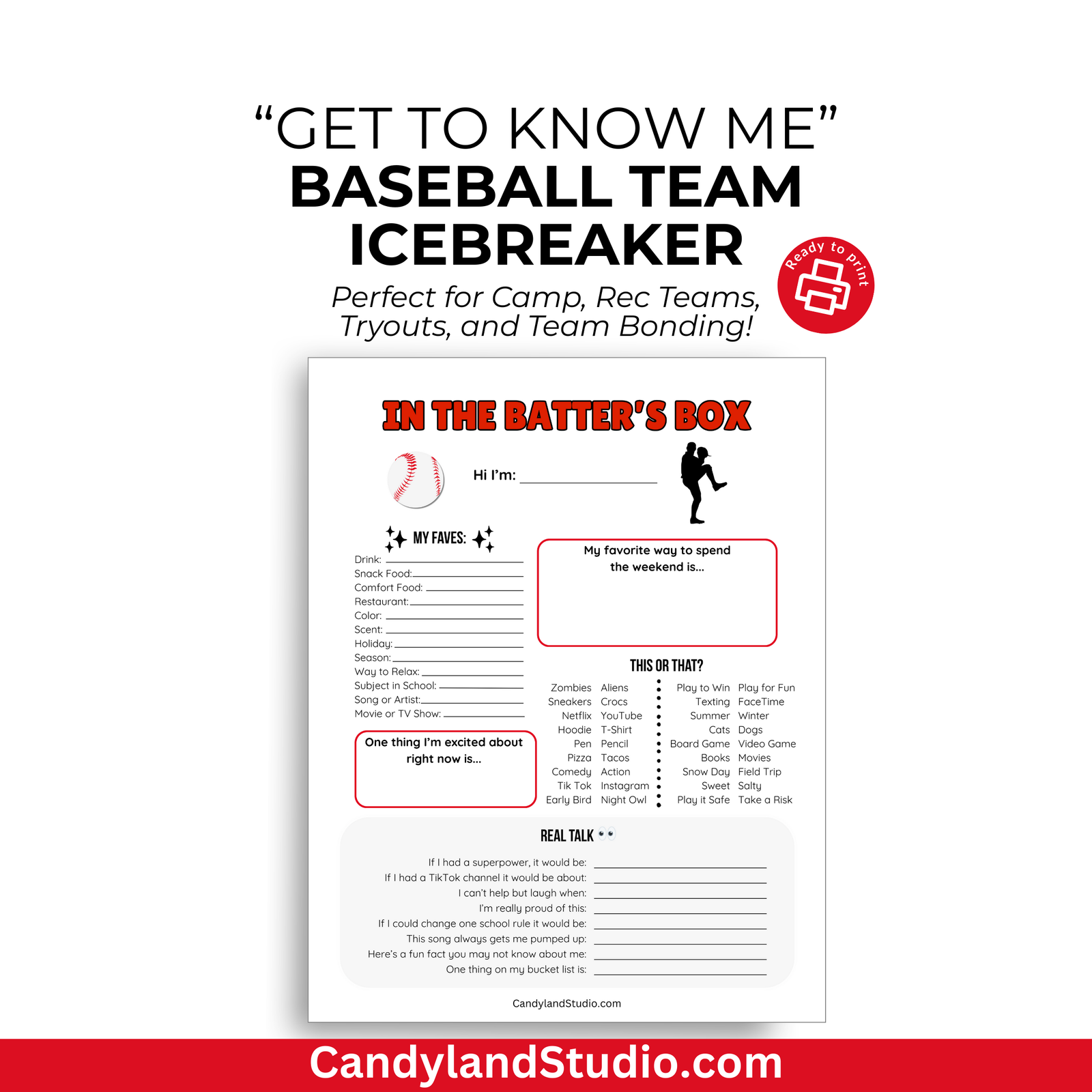 a baseball team icebreakerr flyer with the text get to know me baseball team