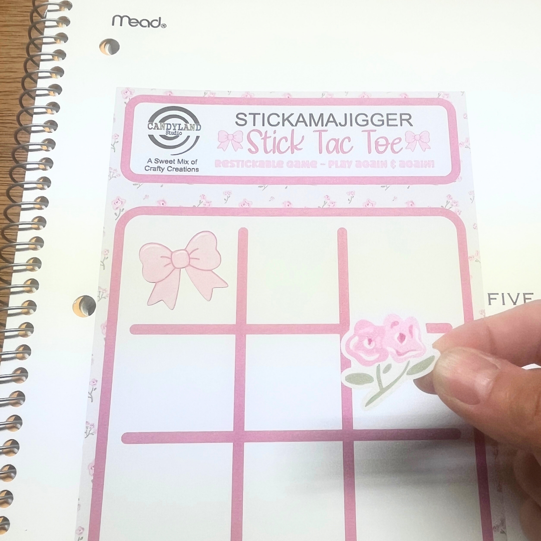 Pink Bows & Floral Reusable Tic Tac Toe Sticker Game