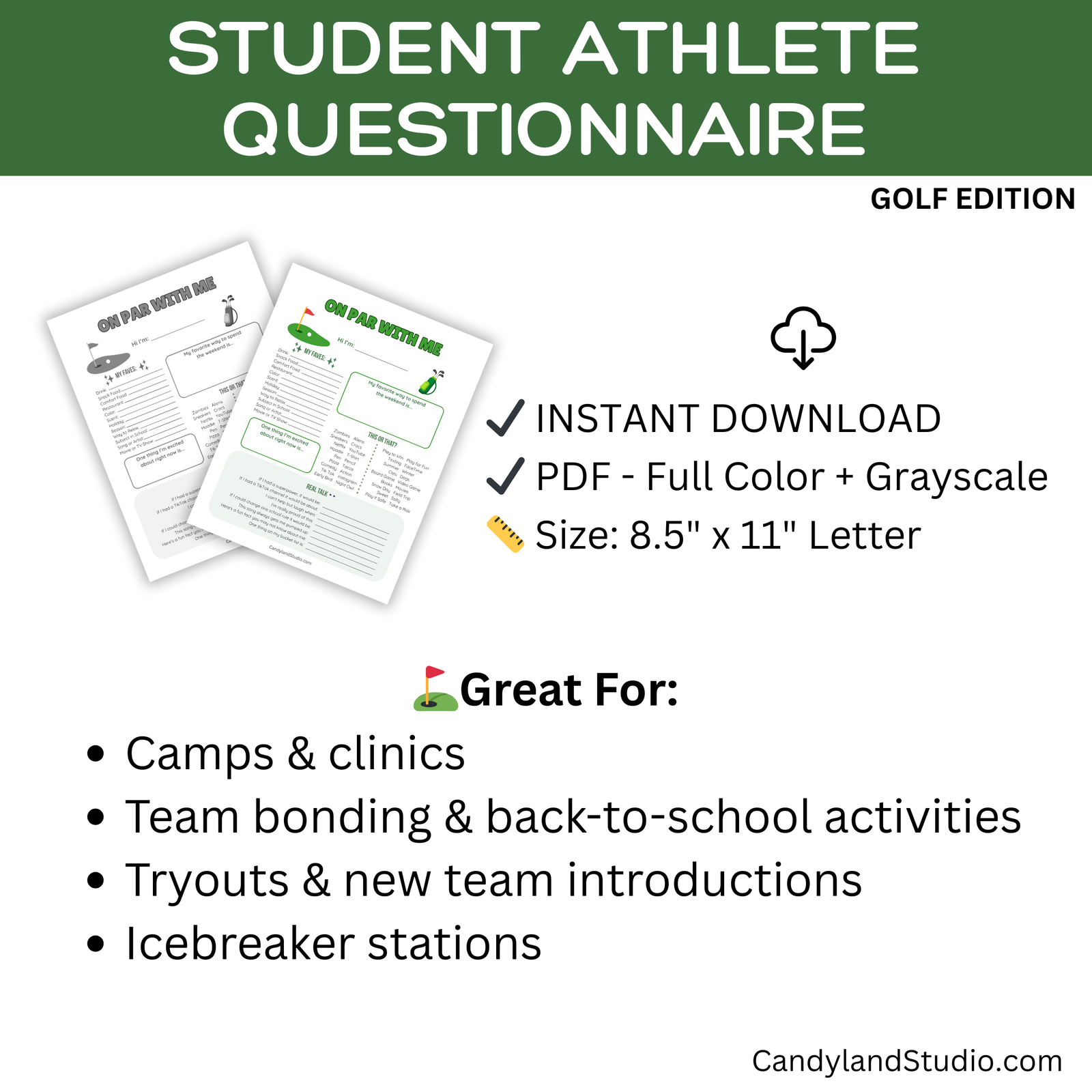 The image is a promotional graphic for a student athlete questionnaires, specifically the Golf Edition. It features two printed questionnaires, a golf club logo, and text highlighting the benefits of the questionnaires for camps, clinics, team bonding, back-to-school activities, tryouts, and icebreaker stations.