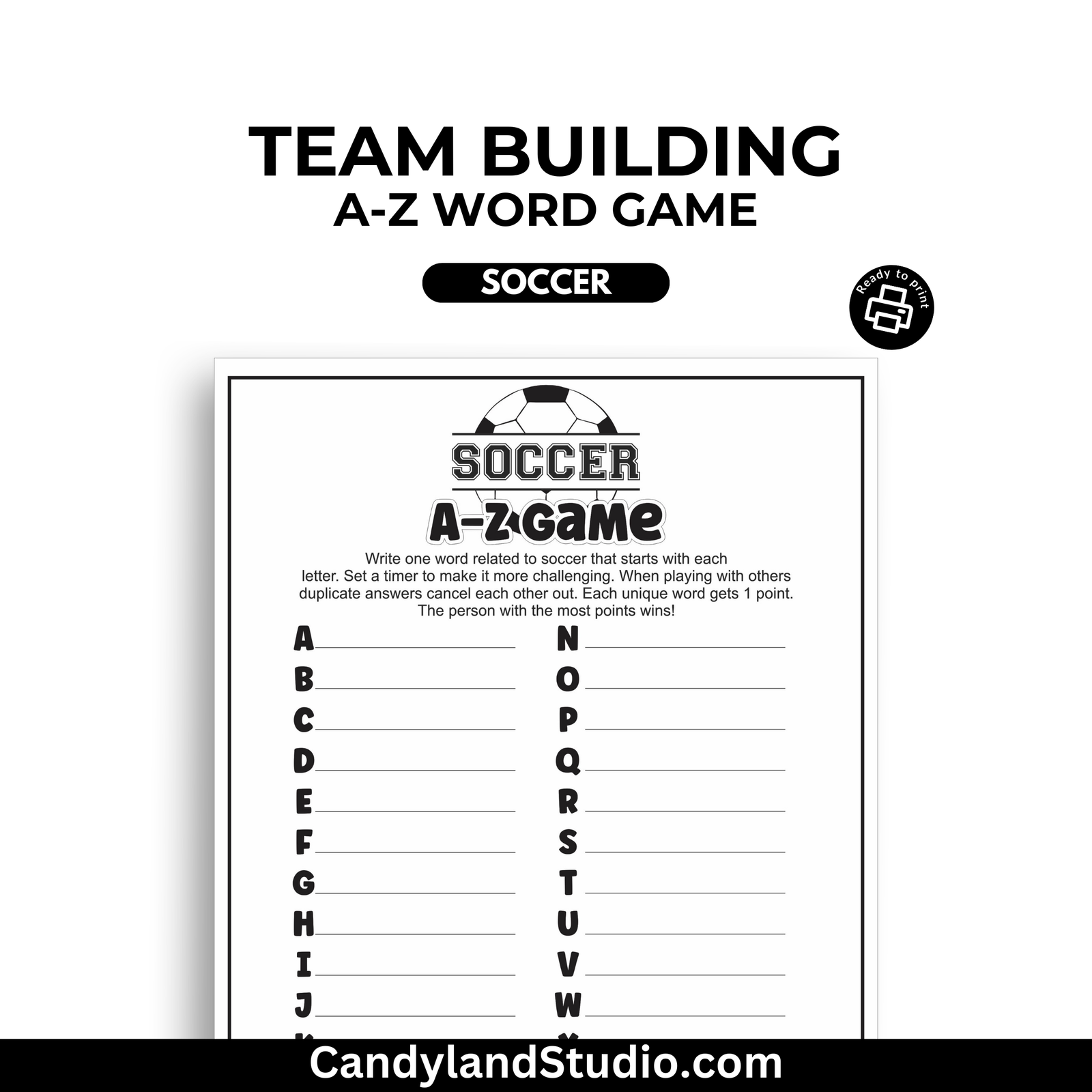 a soccer a - z word game with the words team building