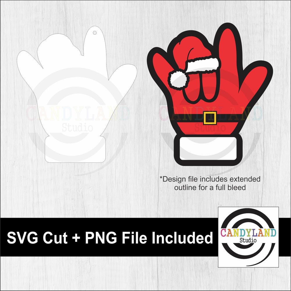 a design file and a cut-out of a red Santa Claus hand wearing a Santa hat. The design file includes an extended outline for a fullbleed, and the cut-out is a hand-drawn illustration of the Santa Claus hand.