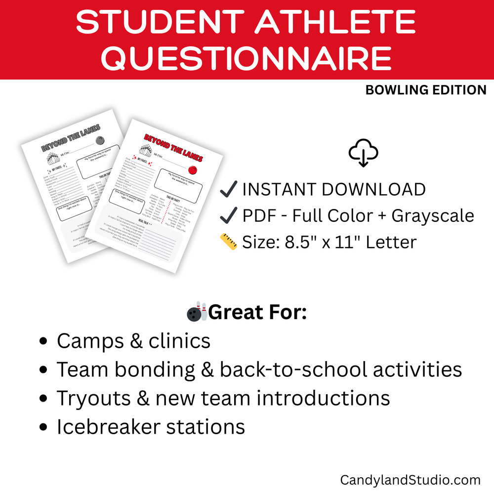 The image is a promotional poster for a student athlete questionnaires, specifically the Bowling edition. It features two questionnaires, one for camps and clinics and another for team bonding and back-to-school activities, as well as icebreaker stations. The poster highlights that the questionnaires are instant downloadable, available in full color, and come in a 5" x 11" letter size.