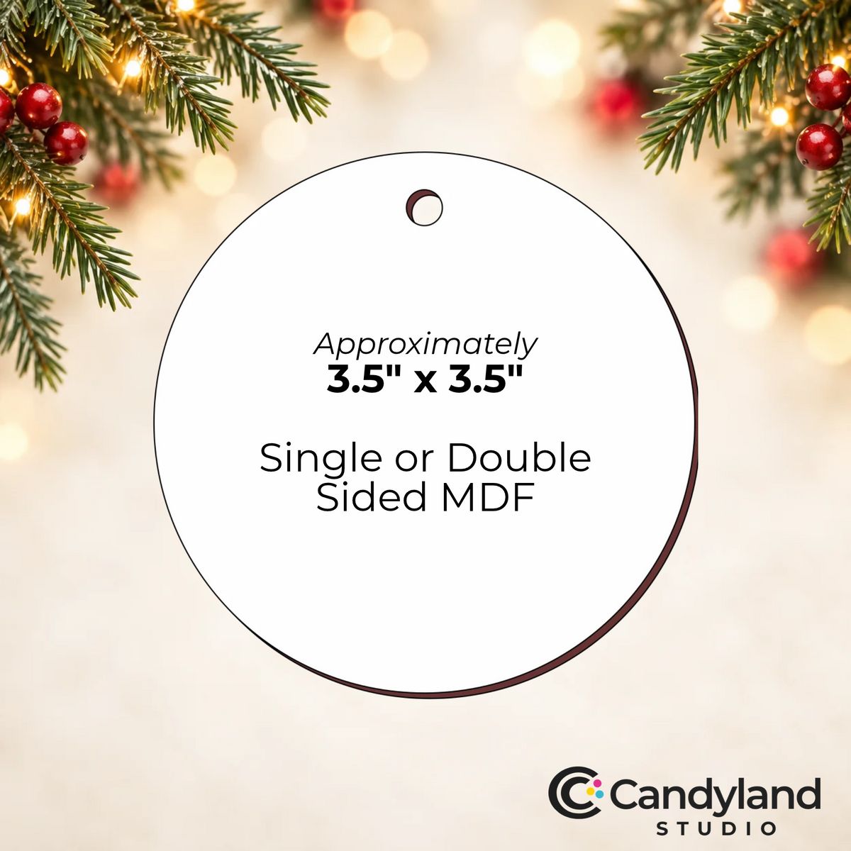 a white circle with text on it, surrounded by a blurred background of Christmas lights and pine branches.
