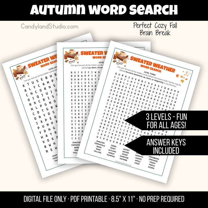 Sweater Weather Autumn Fall Theme Word Search Pack - 3 Levels
