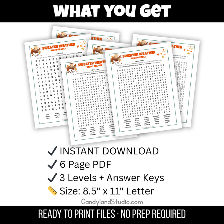 Sweater Weather Autumn Fall Theme Word Search Pack - 3 Levels