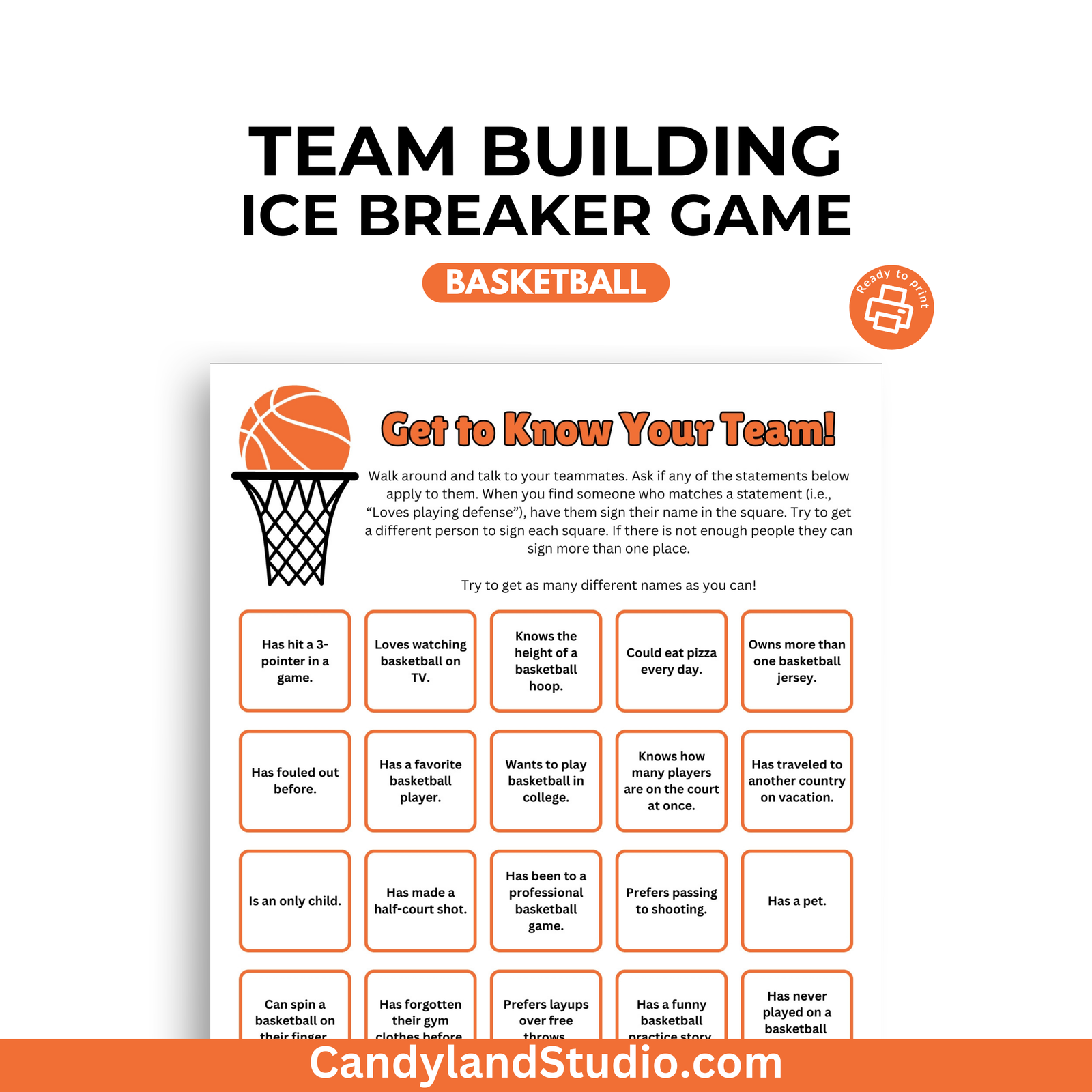a basketball game poster with the text team building ice breaker game