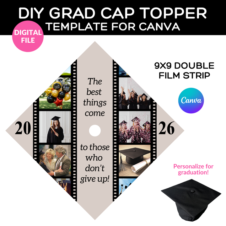 Graduation Cap Topper Template for Canva | 9x9 Double Filmstrip