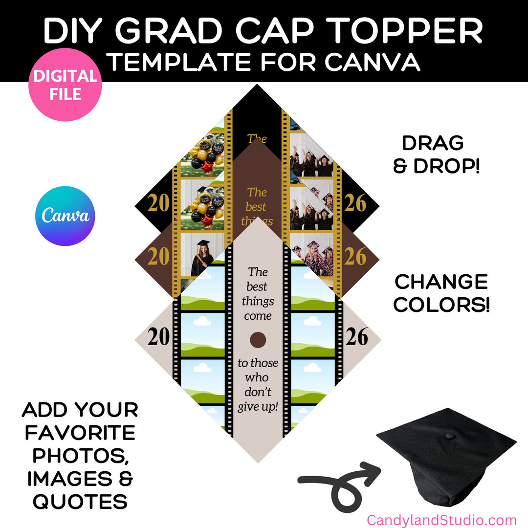 Graduation Cap Topper Template for Canva | 9x9 Double Filmstrip