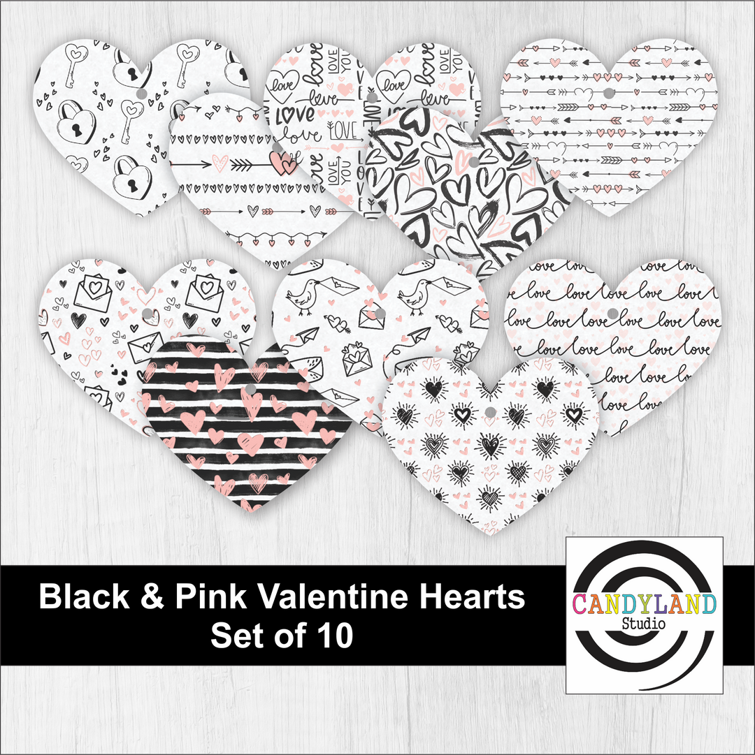 Set of 10 Black & Pink Valentine's Day Doodle Hearts Felt Air Freshener Bundle