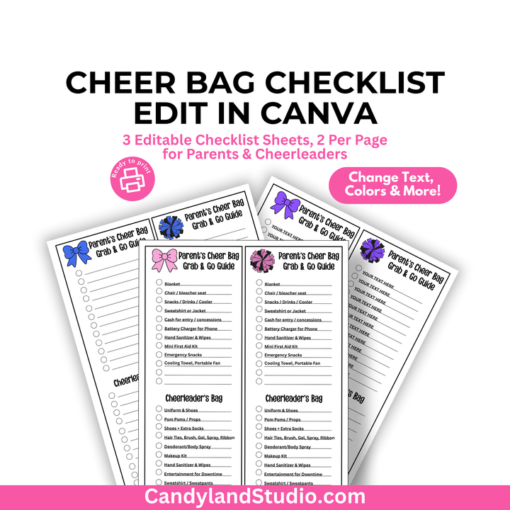 Cheer Bag Checklist - Customizable in Canva Competition &amp; Game Day Essentials Printable Template