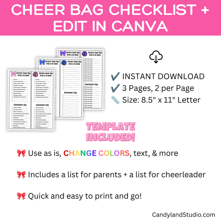 Cheer Bag Checklist - Customizable in Canva Competition &amp; Game Day Essentials Printable Template