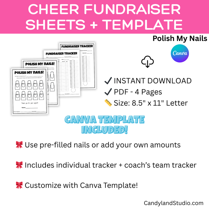 Cheer Fundraiser + Canva Template – Polish My Nails Donation Sheets & Trackers