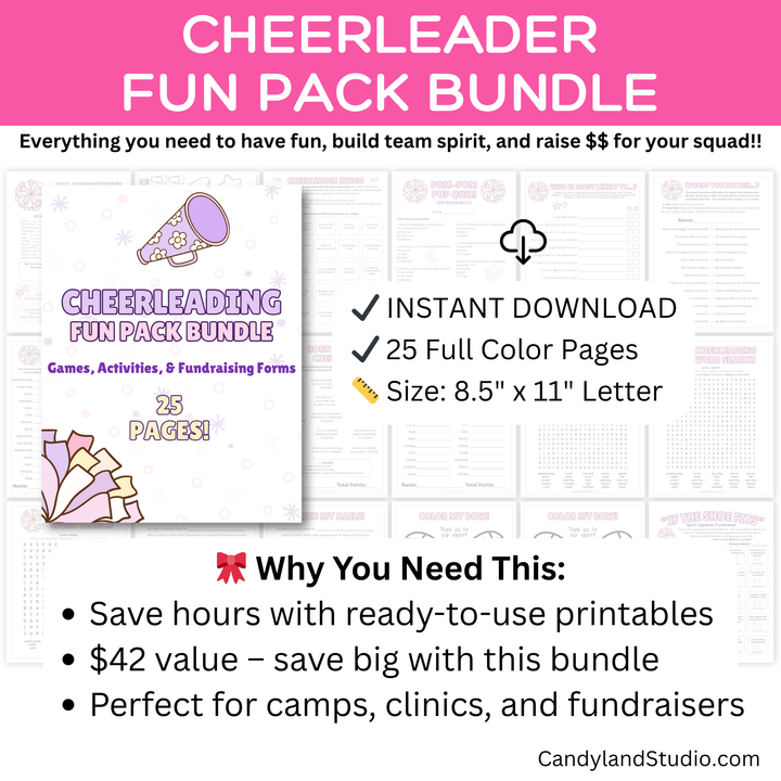 Cheerleading Fun Pack Bundle – Games, Icebreakers & Fundraising Printables (25 Pages, Digital Download)