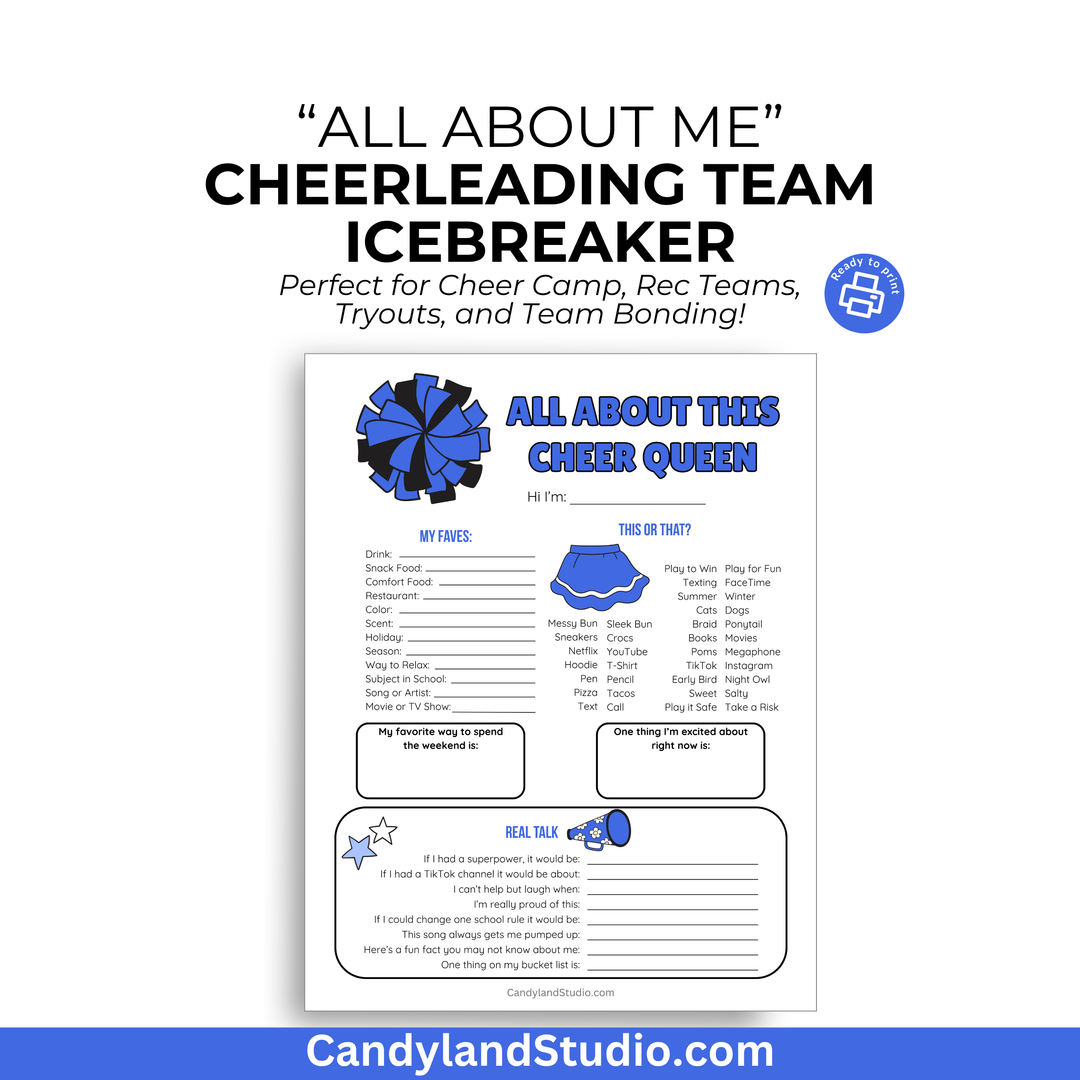Royal Blue & Black All About This Cheer Queen – Cheerleading Team Icebreaker Printable