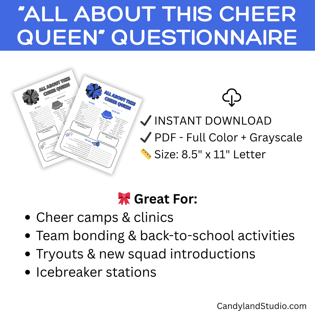 Royal Blue & Black All About This Cheer Queen – Cheerleading Team Icebreaker Printable