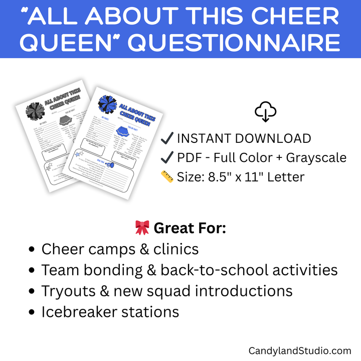 Royal Blue & Black All About This Cheer Queen – Cheerleading Team Icebreaker Printable
