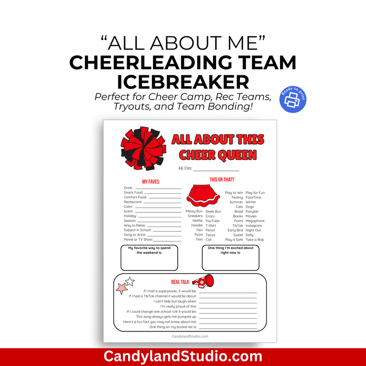 Red & Black All About This Cheer Queen – Cheerleading Team Icebreaker Printable