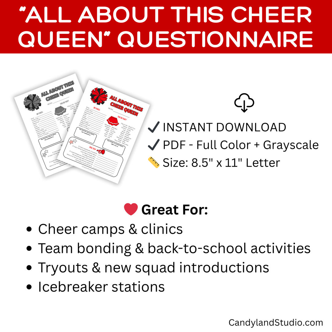 Red & Black All About This Cheer Queen – Cheerleading Team Icebreaker Printable