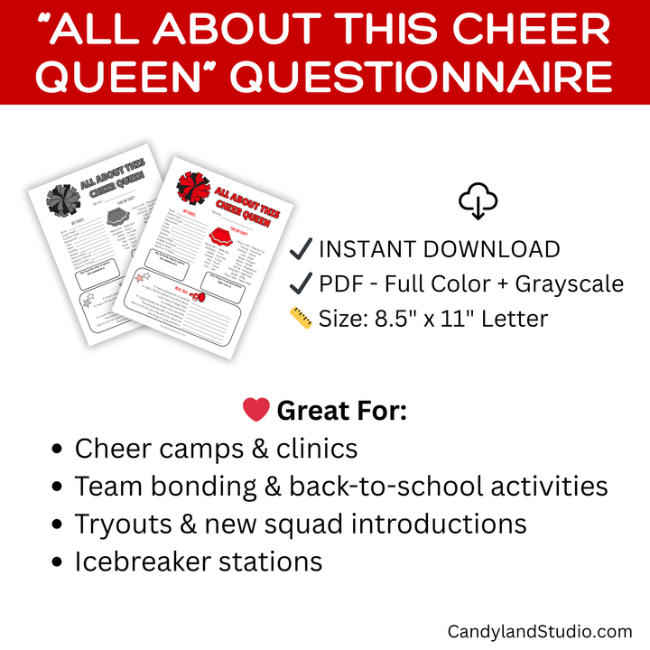 Red & Black All About This Cheer Queen – Cheerleading Team Icebreaker Printable