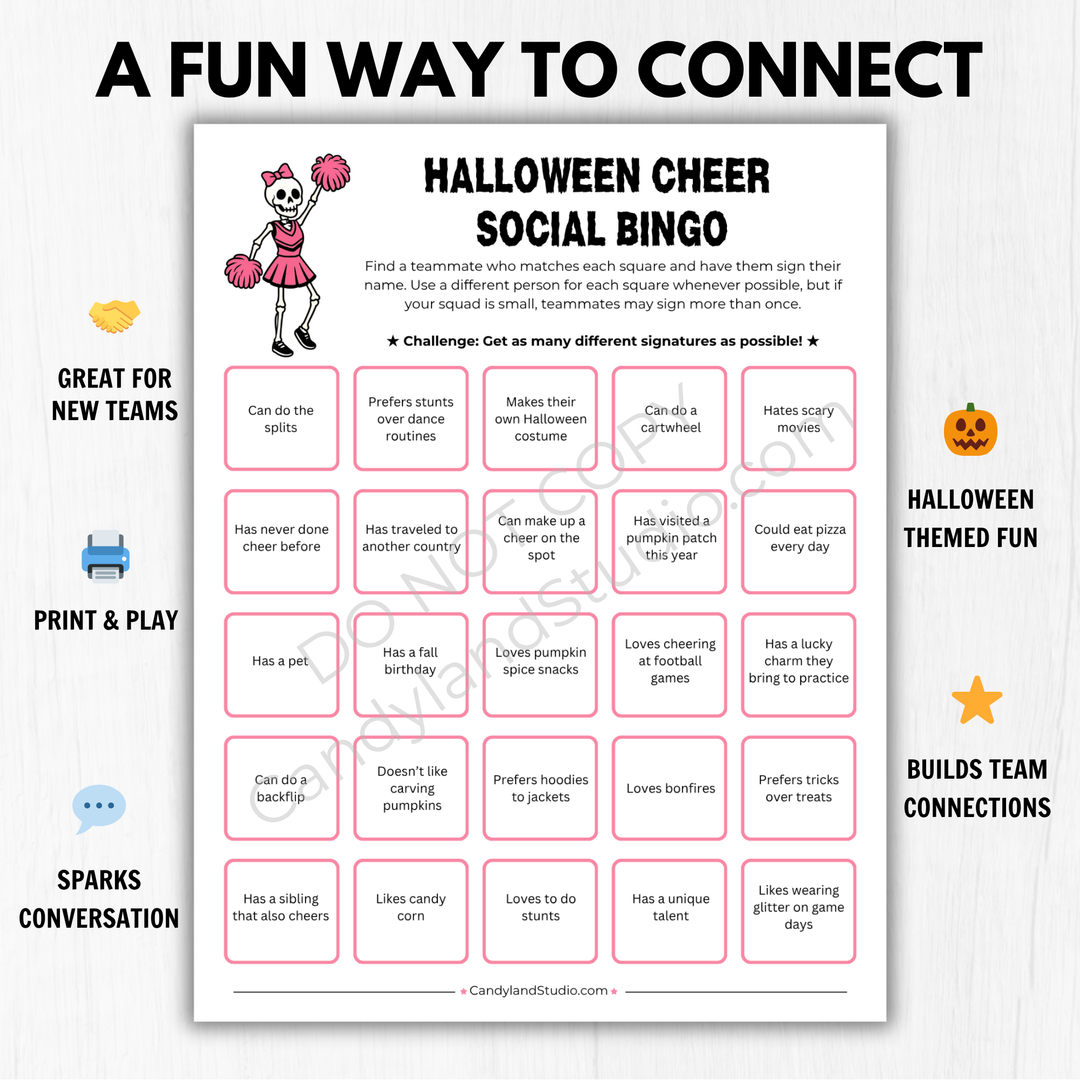 Cheerleading Halloween Social Bingo | Printable Team Building Icebreaker Activity