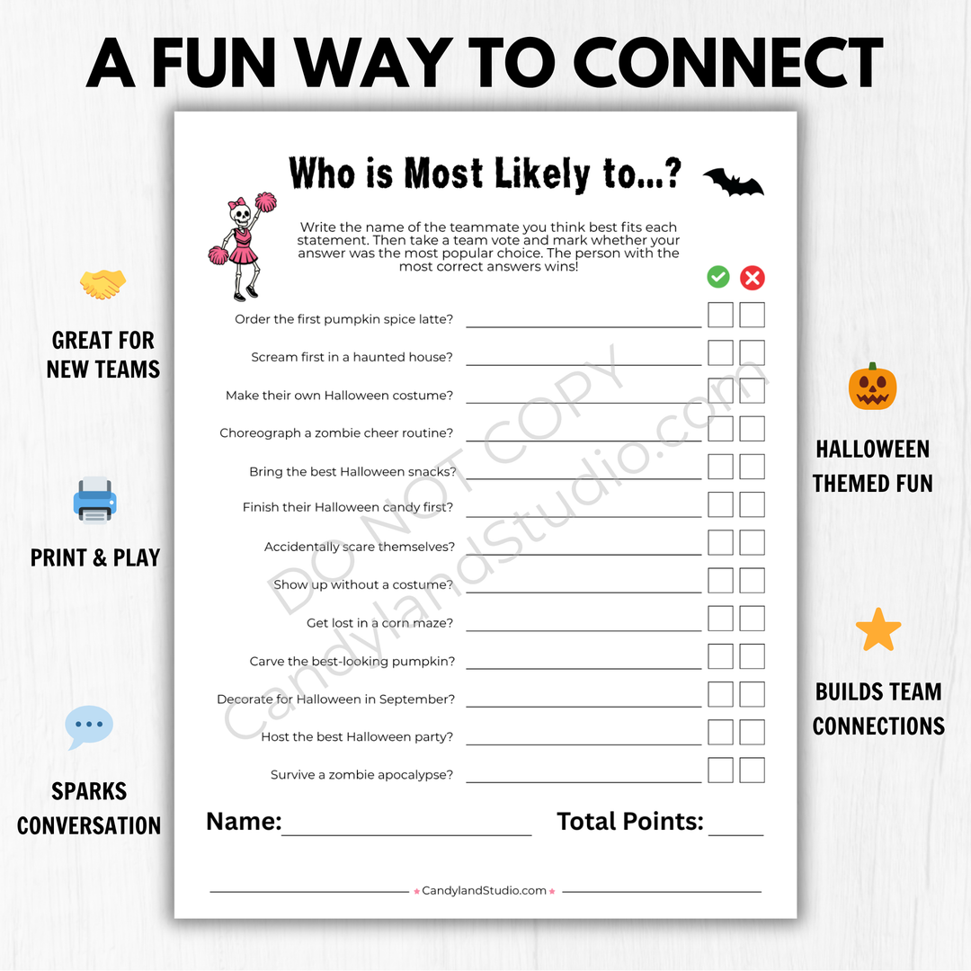 Cheerleading Most Likely To Game | Halloween Team Bonding Printable Activity