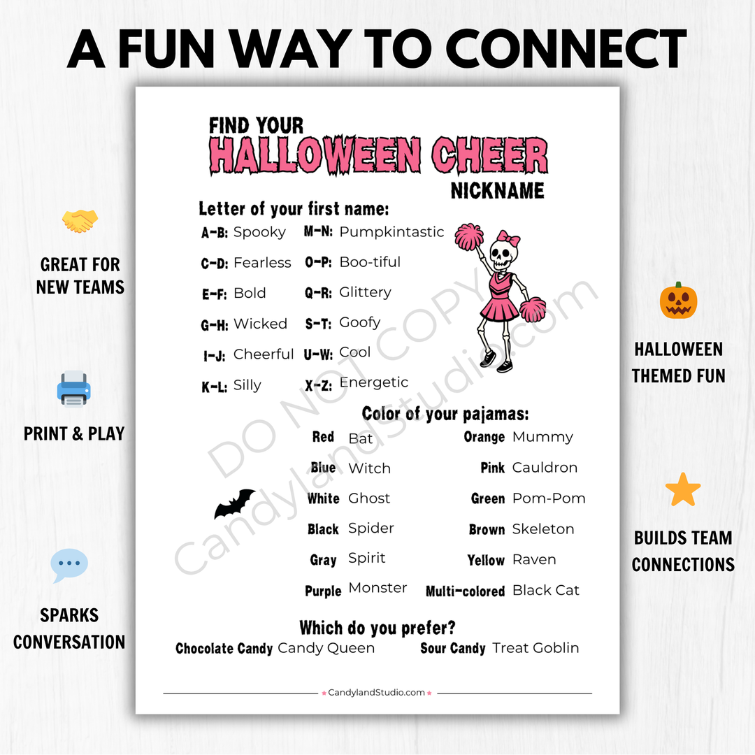 Cheerleading Halloween Nickname Game &amp; Name Tags Bundle | Printable Team Bonding Icebreaker Activity
