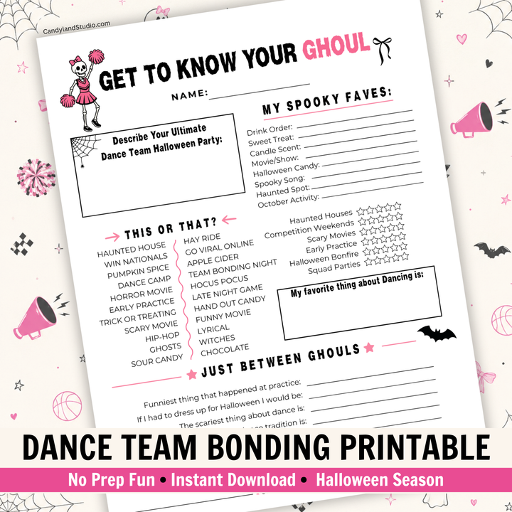 Dance Team  Poms Get to Know You Questionnaire | Printable Halloween Team Bonding Icebreaker Activity