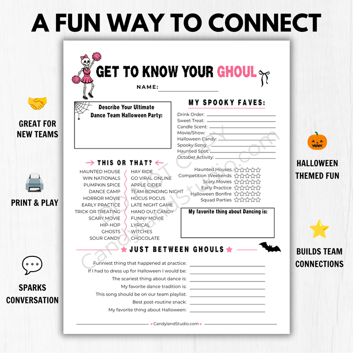 Dance Team  Poms Get to Know You Questionnaire | Printable Halloween Team Bonding Icebreaker Activity