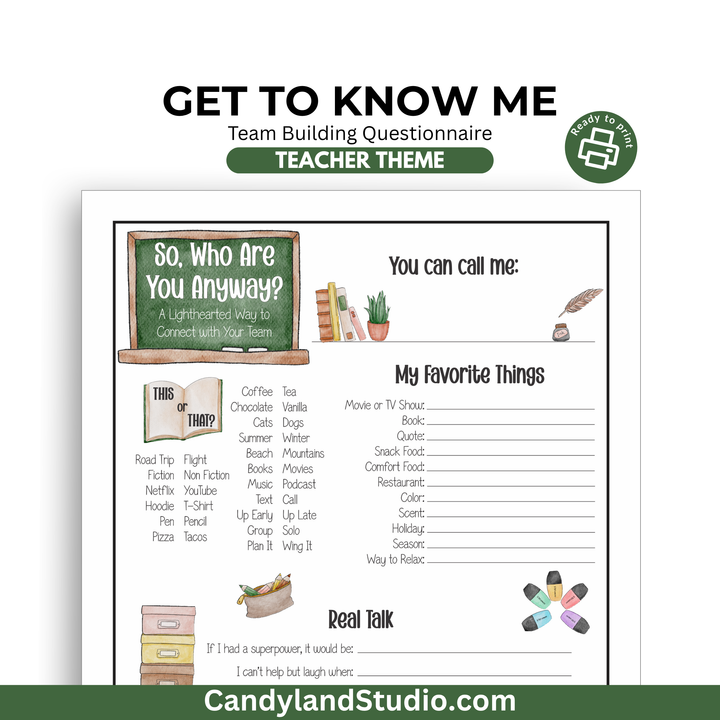 Team Building Get to Know Me Questionnaire Printable - Teacher Edition