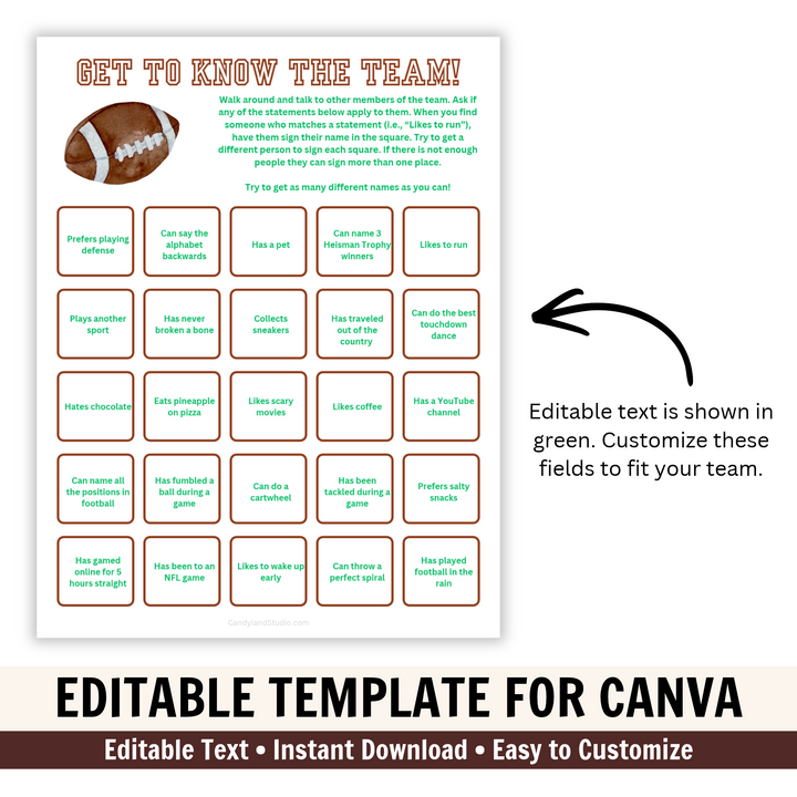 Football Social Bingo Team Building Game - Editable Template for Canva