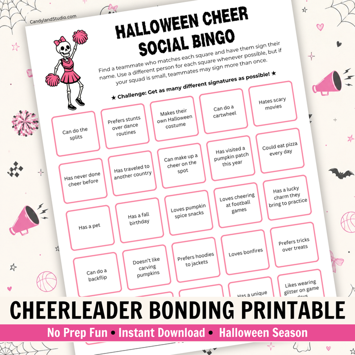 Cheerleading Halloween Social Bingo | Printable Team Building Icebreaker Activity