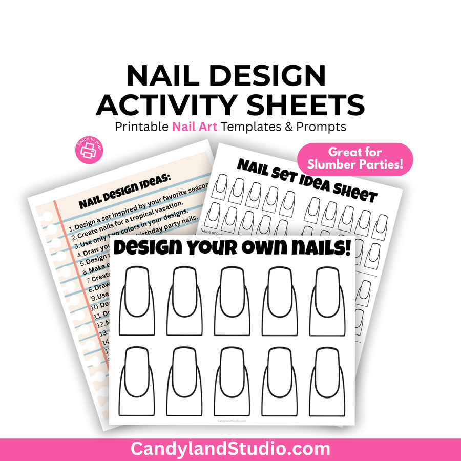 Nail design activity sheets with templates and prompts on a white background.