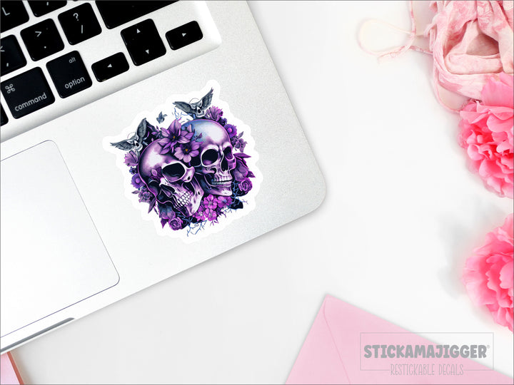 Purple Floral Goth Double Skull Restickable Decal