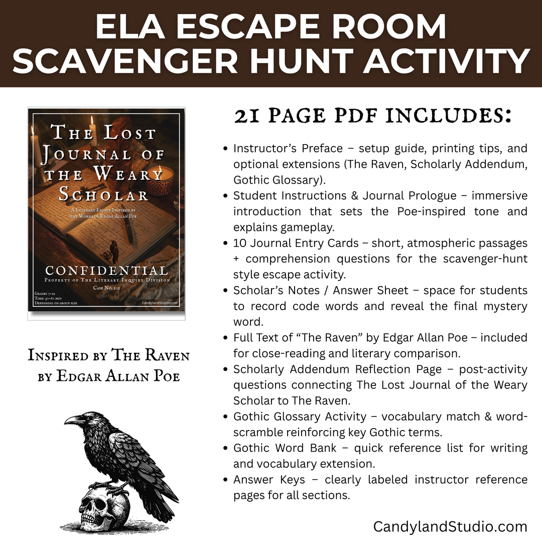Poe The Raven Escape Room – Literary Printable Classroom Activity | Digital Download PDF
