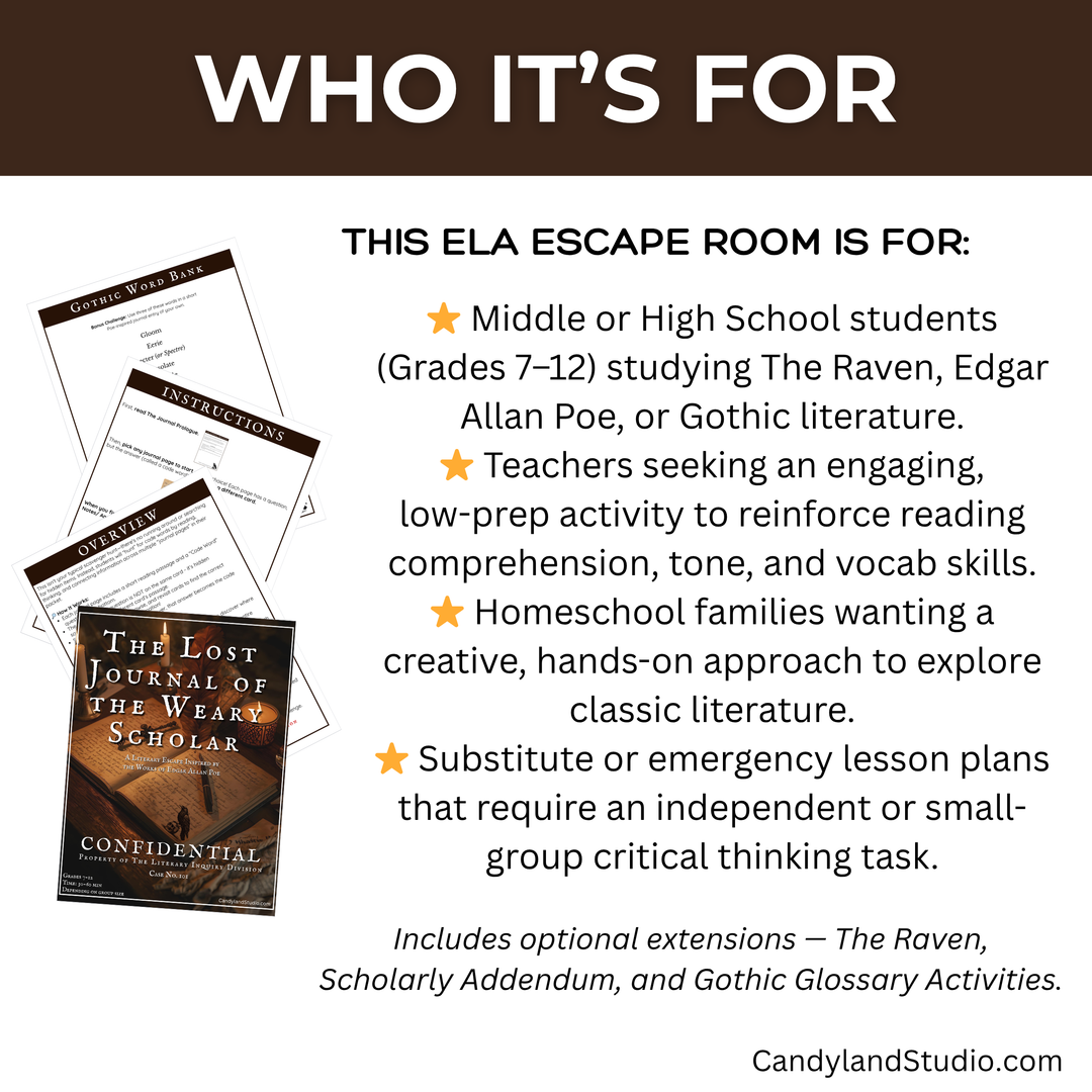 Poe The Raven Escape Room – Literary Printable Classroom Activity | Digital Download PDF