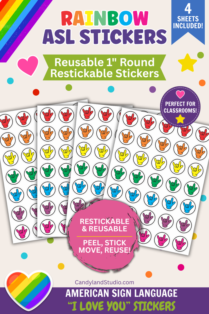 Rainbow ASL I Love You Stickers | Reusable Reward Stickers for Teachers, Speech Therapy &amp; Pride
