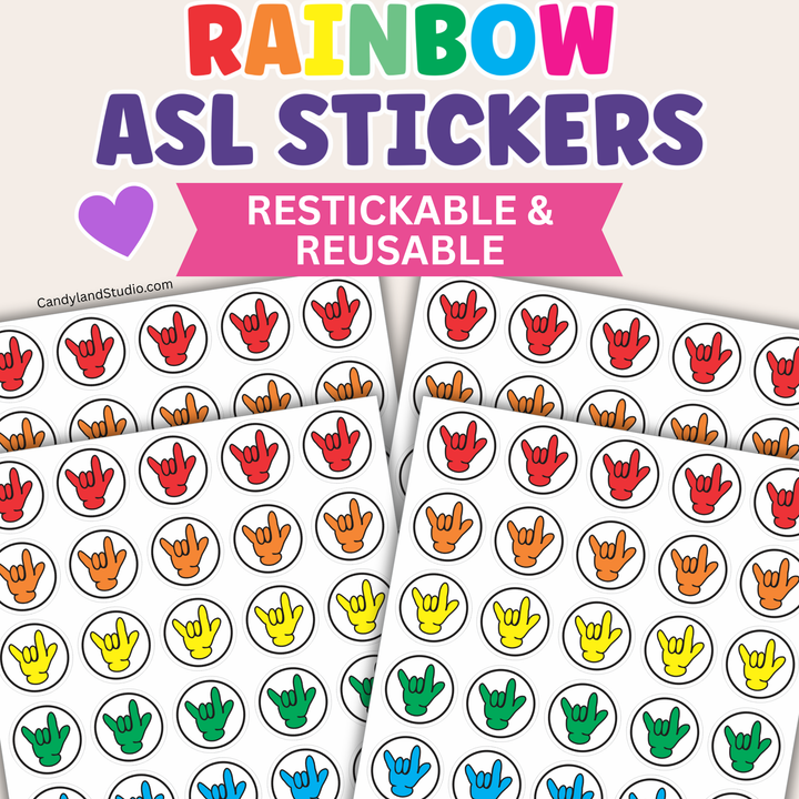 Rainbow ASL I Love You Stickers | Reusable Reward Stickers for Teachers, Speech Therapy &amp; Pride
