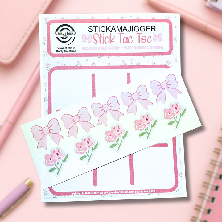 Pink Bows & Floral Reusable Tic Tac Toe Sticker Game