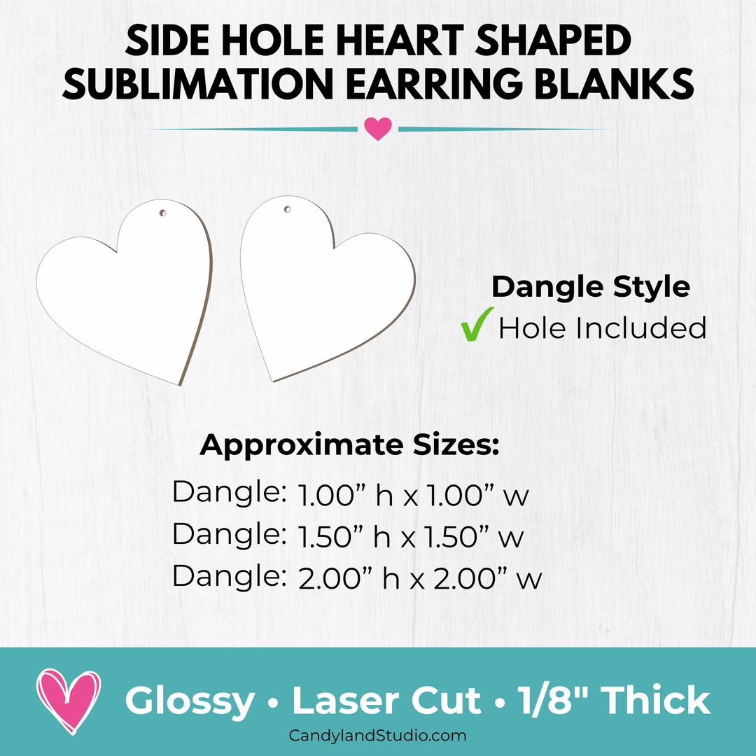 Heart Side Hole Earring Blanks - Single Sided MDF