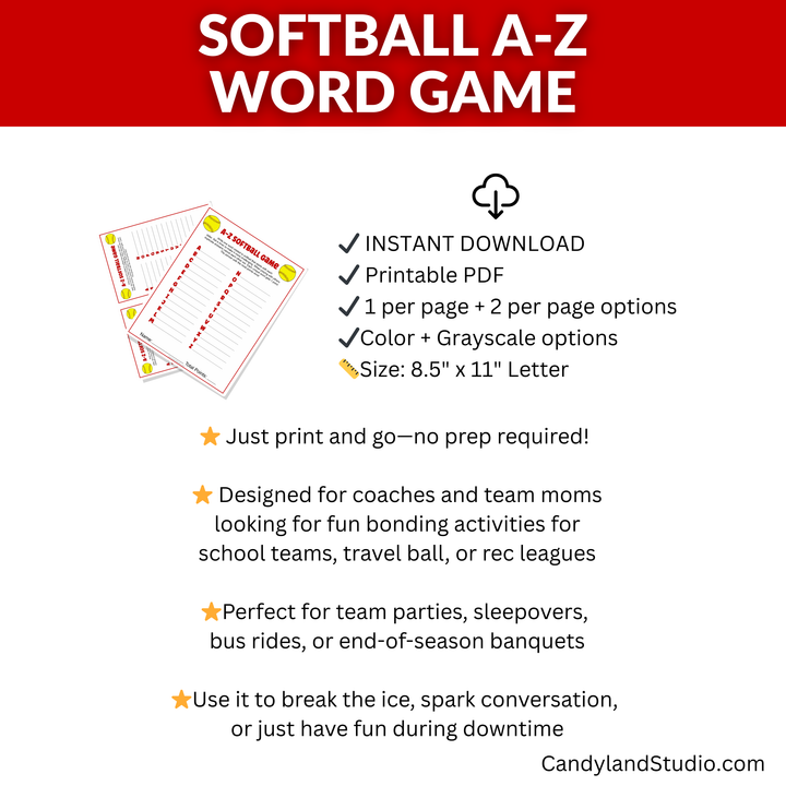 Softball A-Z Word Game for Team Activity