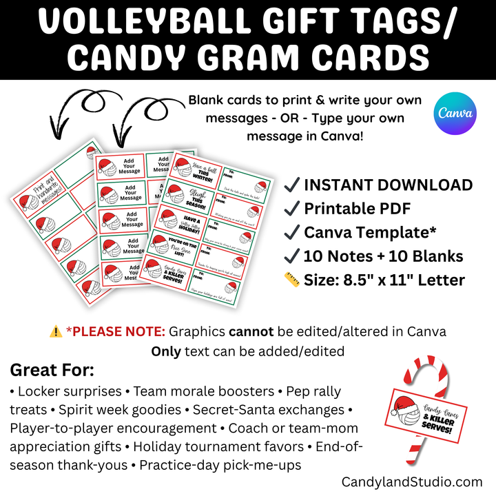 Volleyball Candy Gram Gift Tag Printable PDF + Canva Template