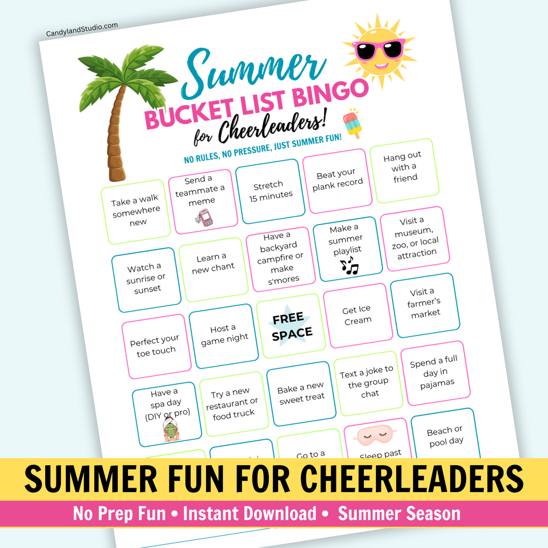 Cheerleading Summer Bucket List Bingo Printable | Team Bonding Activity for Camp &amp; Off-Season Fun