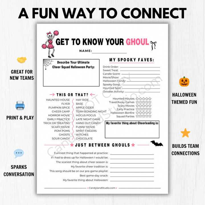 Cheerleading Get to Know You Questionnaire | Printable Halloween Team Bonding Icebreaker Activity
