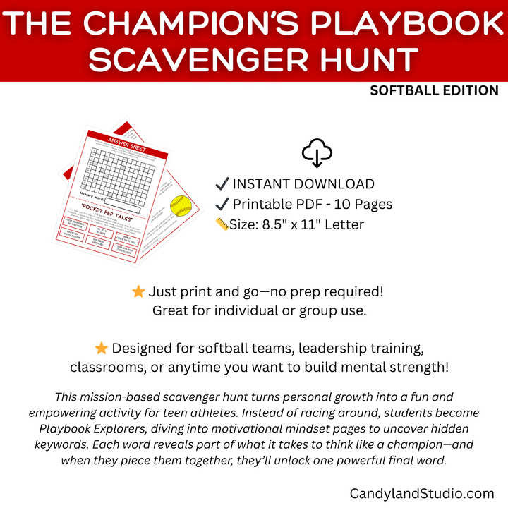 Softball Team Scavenger Hunt - Promotes Growth Mindset
