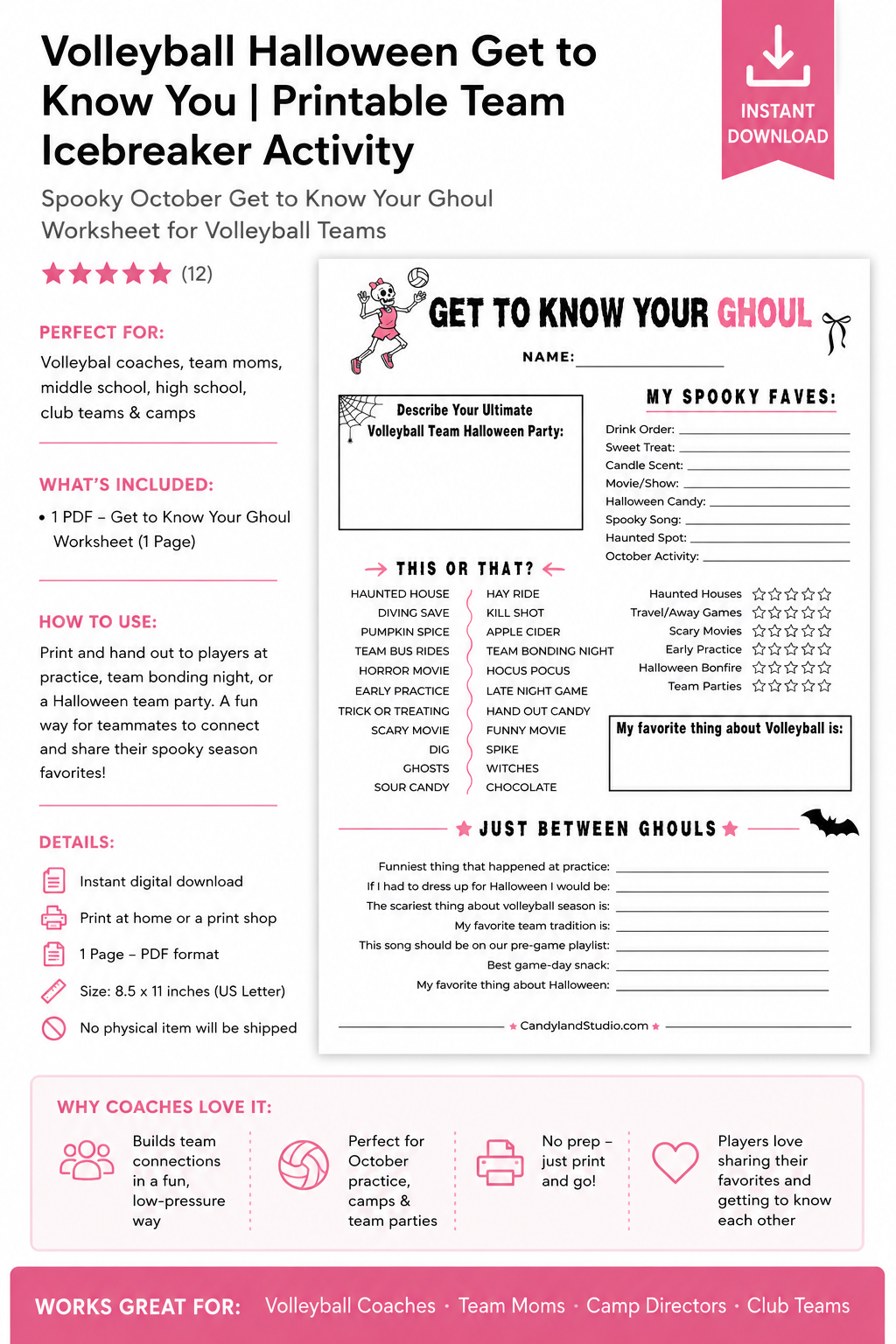 Printable volleyball Halloween icebreaker activity for coaches and team moms. Get-to-know-you worksheet, team bonding game and practice activity. Instant download, print and play.