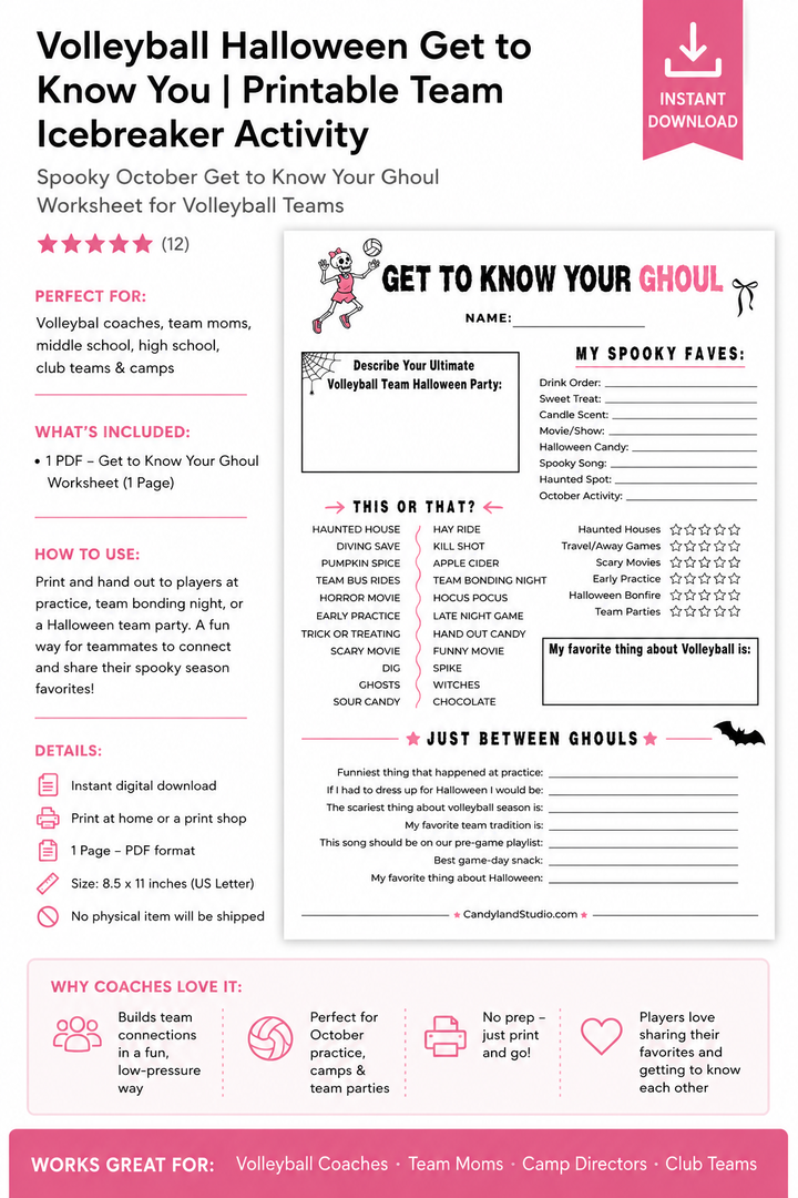Printable volleyball Halloween icebreaker activity for coaches and team moms. Get-to-know-you worksheet, team bonding game and practice activity. Instant download, print and play.